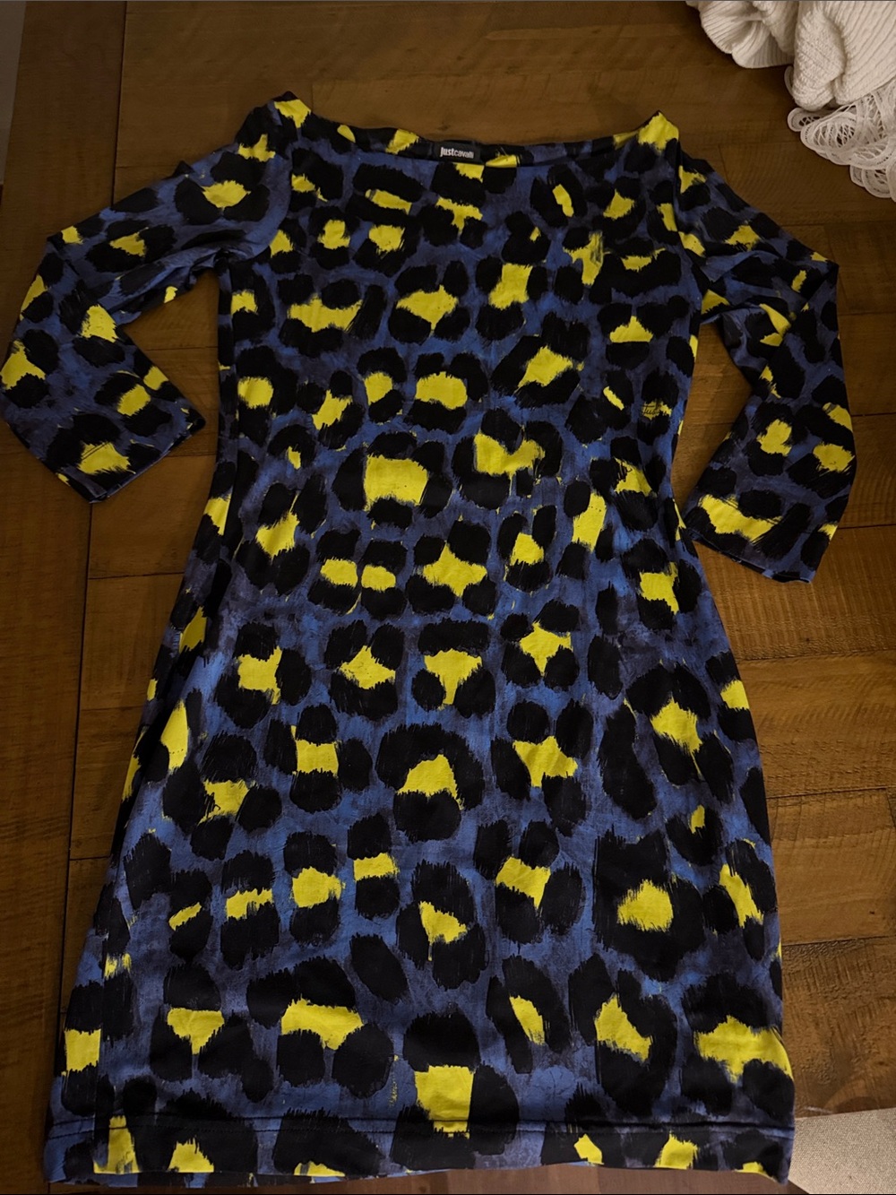 Just Cavalli Blue, Yellow & Black Leopard Print Long Sleeve Dress